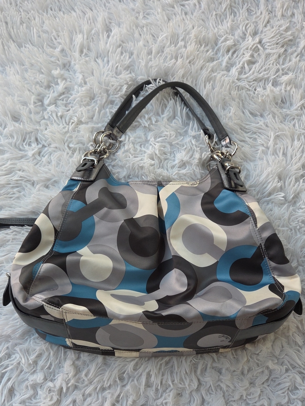 Coach Gray, Blue & Cream Geometric Hobo Bag New Condition
